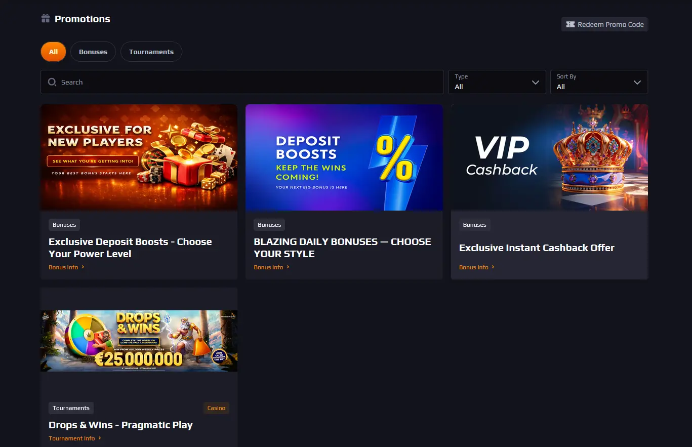 Blaze Spins welcome bonus and promotions panel