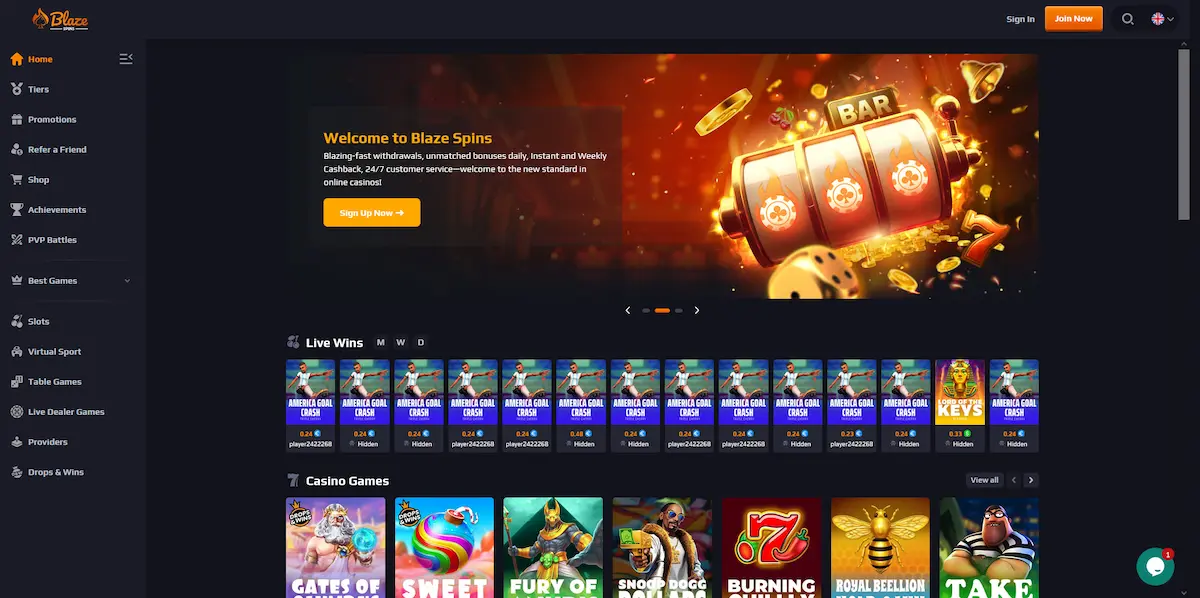 Blaze Spins online casino homepage with pokies and live casino lobby