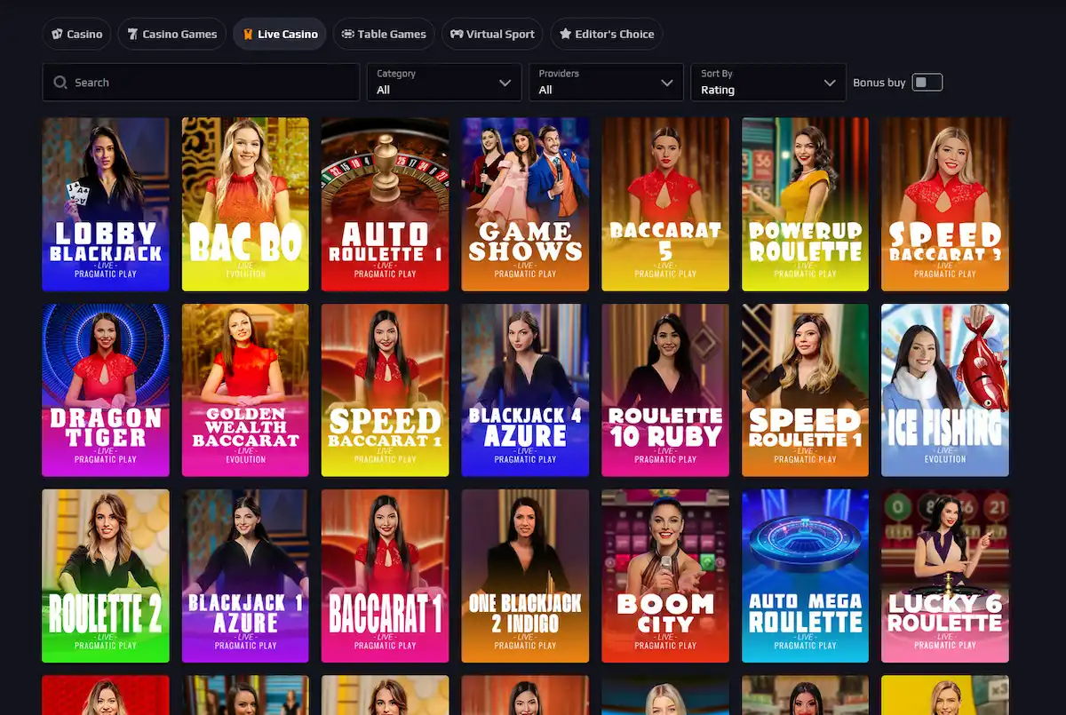Blaze Spins live casino lobby with dealer tables and game shows
