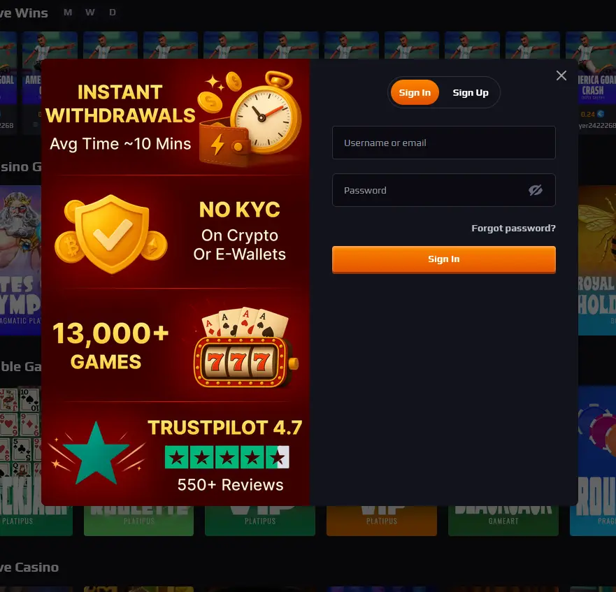 Blaze Spins login screen for signing in to your account
