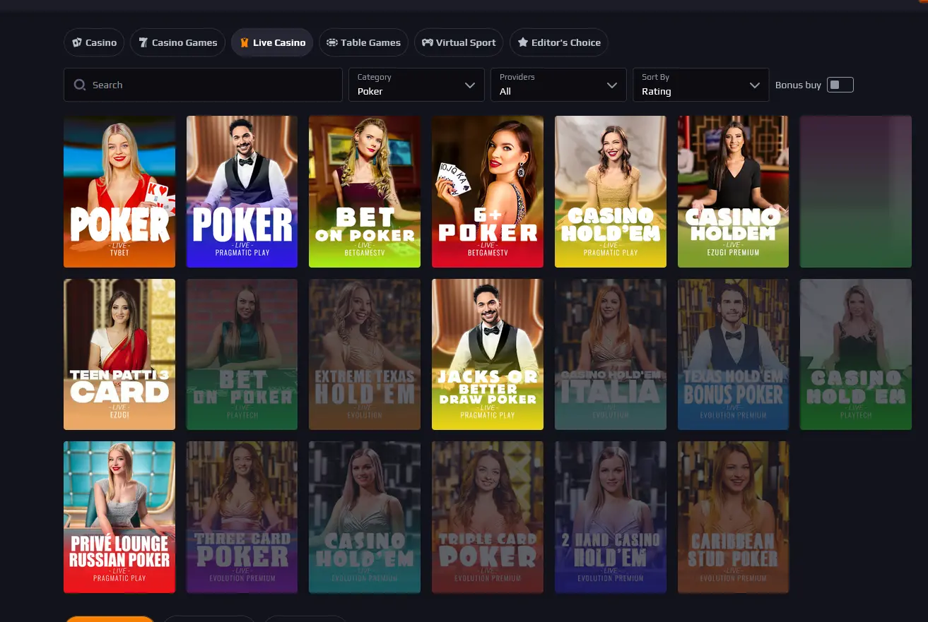 Blaze Spins poker table games lobby with jackpot titles