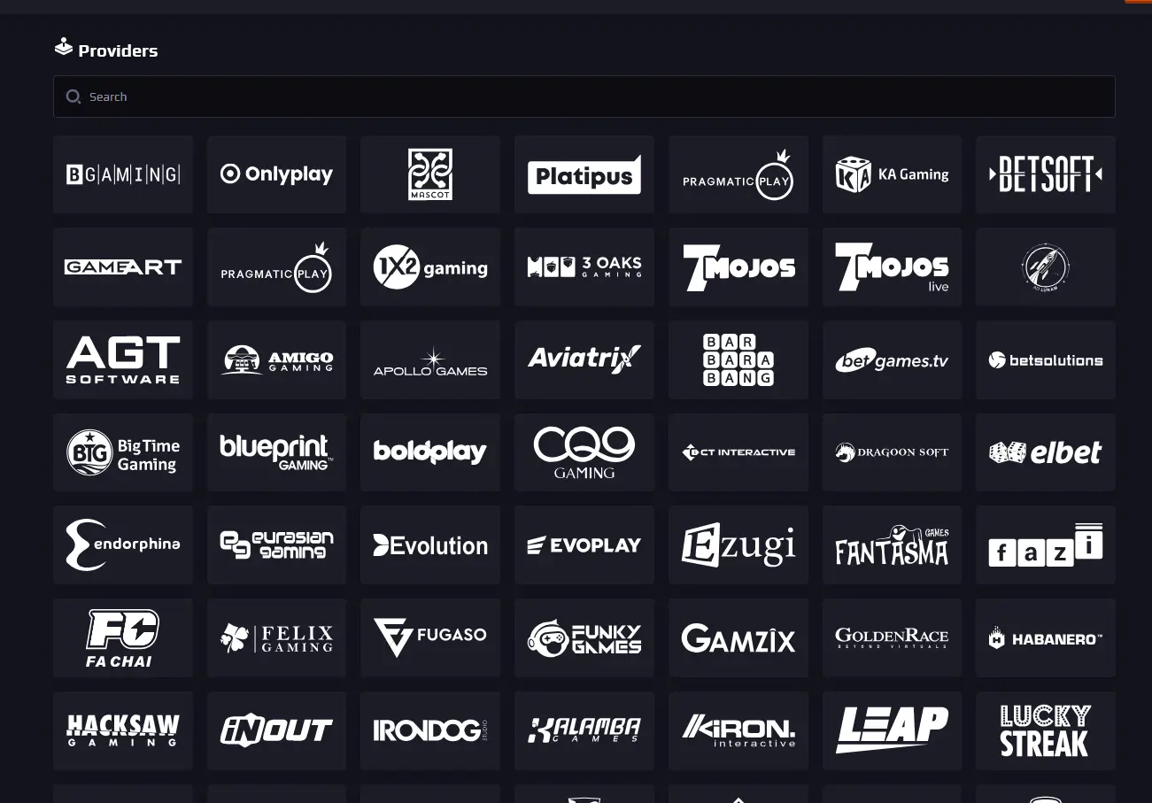 Blaze Spins software provider list including Pragmatic Play and Evolution Gaming