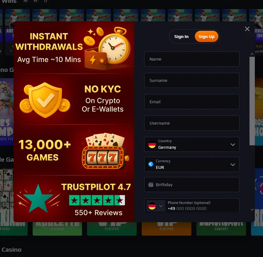 Blaze Spins registration form for creating a new casino account
